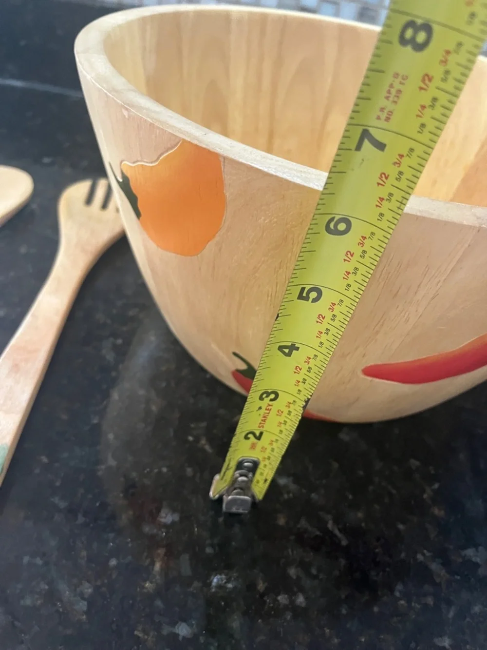 Wooden Salad Bowl with Serving Spoons - Natural with Multicolor Pepper Accents